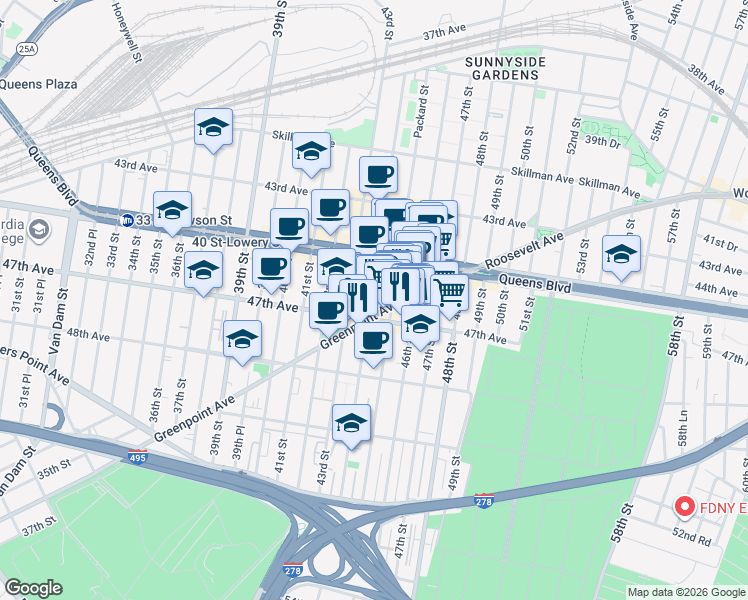 map of restaurants, bars, coffee shops, grocery stores, and more near 44-22 Greenpoint Avenue in Queens