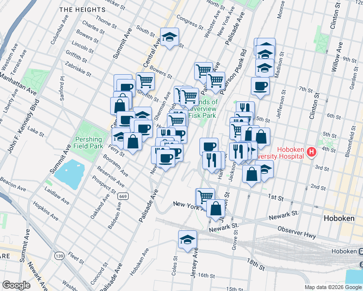 map of restaurants, bars, coffee shops, grocery stores, and more near 220 Ogden Avenue in Jersey City