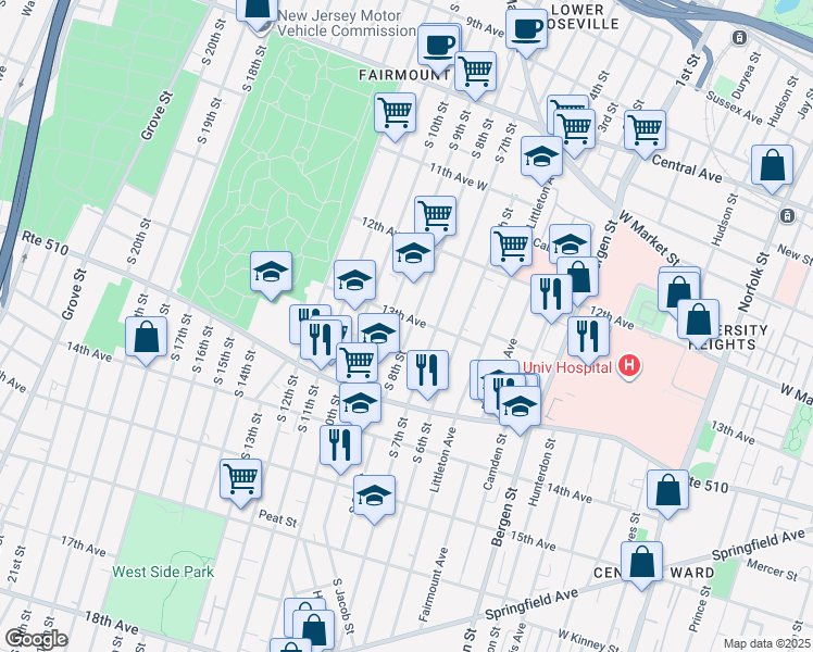 map of restaurants, bars, coffee shops, grocery stores, and more near 223 South 7th Street in Newark