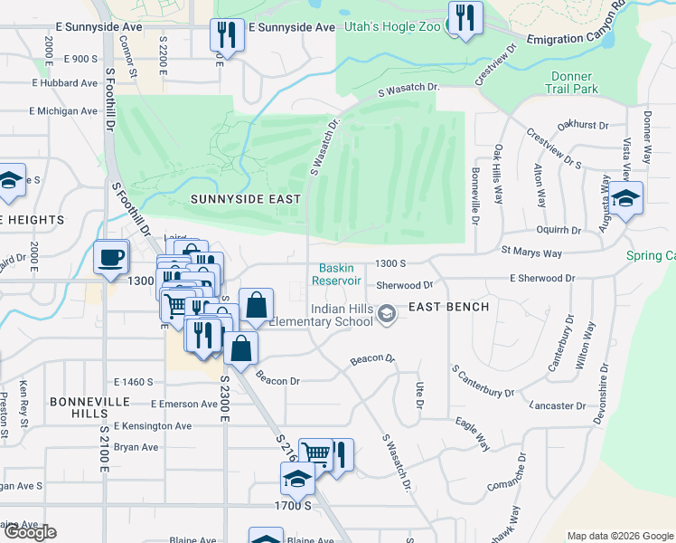 map of restaurants, bars, coffee shops, grocery stores, and more near 2509 Village Circle in Salt Lake City
