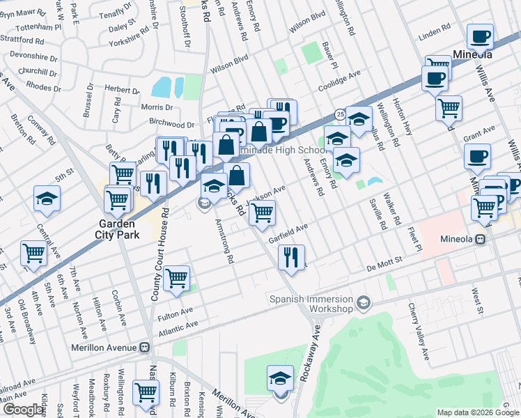 map of restaurants, bars, coffee shops, grocery stores, and more near 202 Herricks Road in Mineola