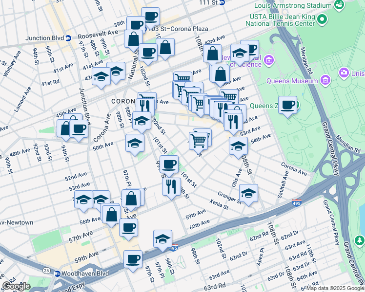 map of restaurants, bars, coffee shops, grocery stores, and more near 52-10 102nd Street in Queens