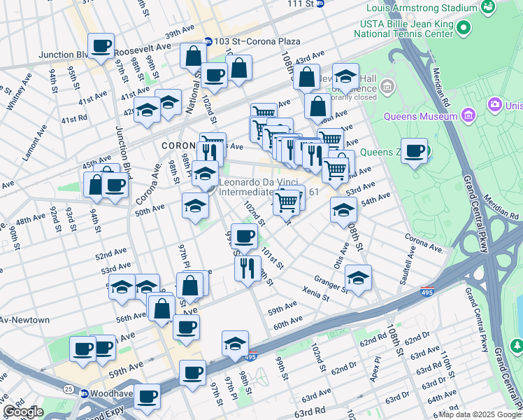 map of restaurants, bars, coffee shops, grocery stores, and more near 52-10 102nd Street in Queens