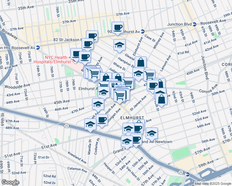 map of restaurants, bars, coffee shops, grocery stores, and more near 85-21 Whitney Avenue in Queens