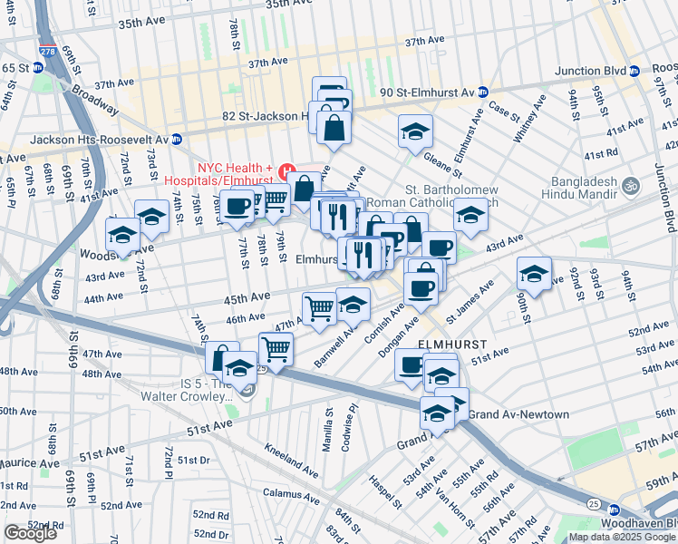 map of restaurants, bars, coffee shops, grocery stores, and more near 4264 81st Street in Queens