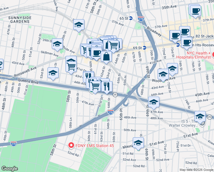 map of restaurants, bars, coffee shops, grocery stores, and more near in Queens