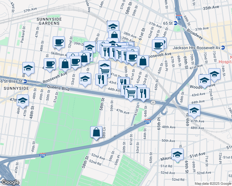 map of restaurants, bars, coffee shops, grocery stores, and more near in Queens