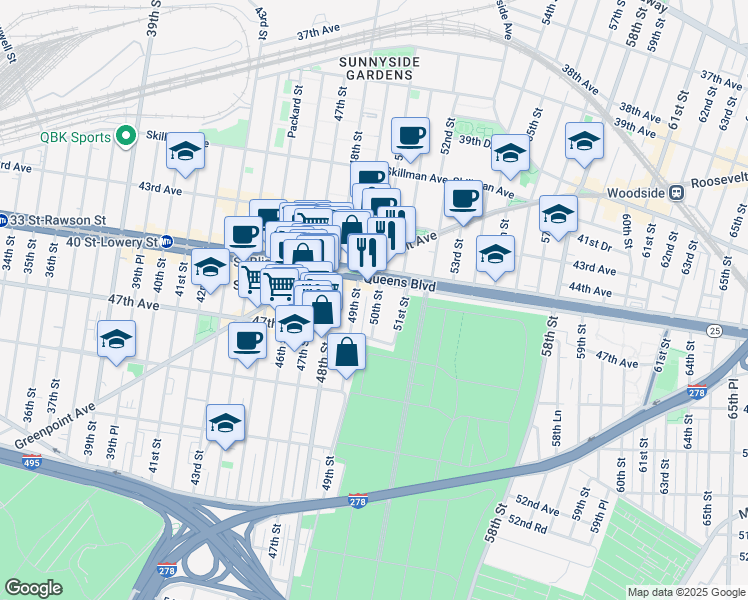 map of restaurants, bars, coffee shops, grocery stores, and more near 45-32 50th Street in Queens