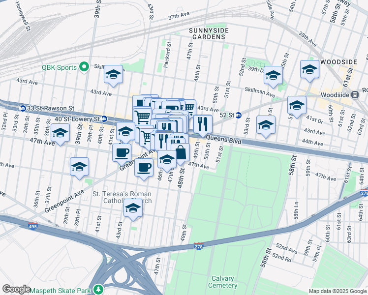 map of restaurants, bars, coffee shops, grocery stores, and more near in Queens