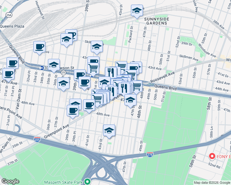 map of restaurants, bars, coffee shops, grocery stores, and more near 43-09 47th Avenue in Queens