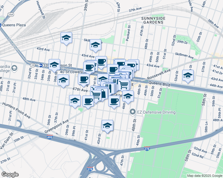 map of restaurants, bars, coffee shops, grocery stores, and more near 43-09 47th Avenue in Queens