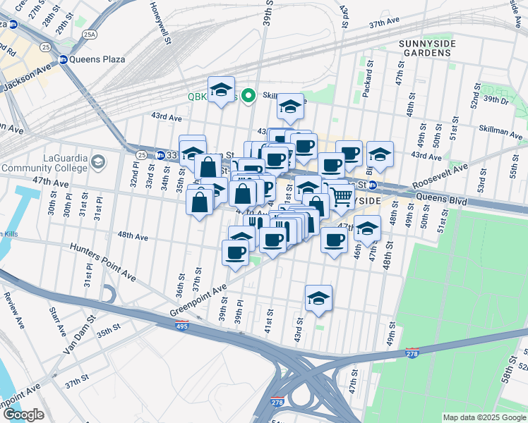 map of restaurants, bars, coffee shops, grocery stores, and more near 40-04 47th Avenue in Queens