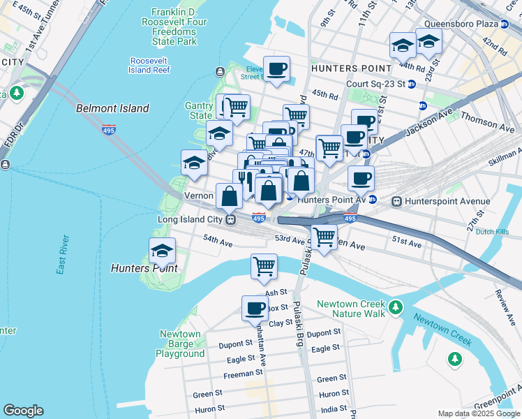 map of restaurants, bars, coffee shops, grocery stores, and more near in Queens