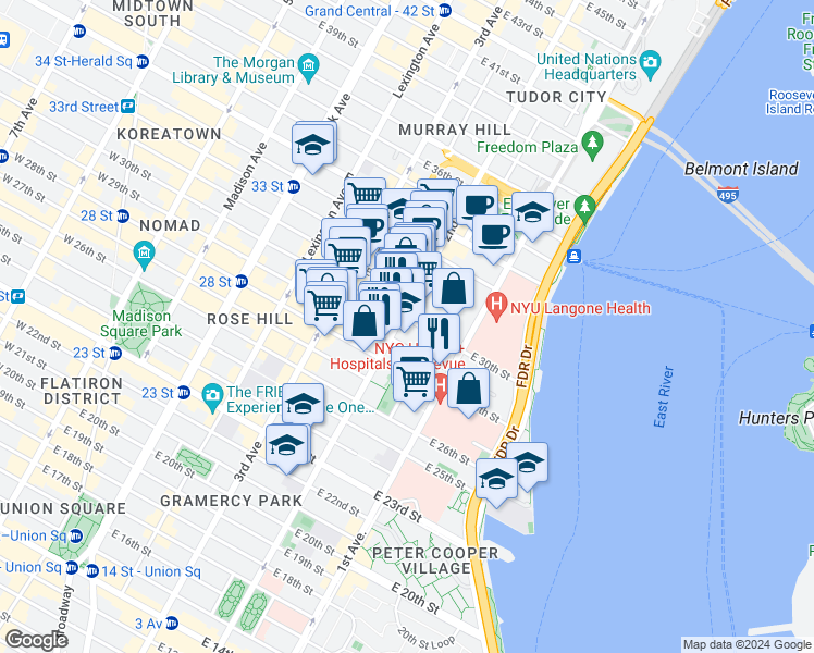 map of restaurants, bars, coffee shops, grocery stores, and more near 323 East 29th Street in New York