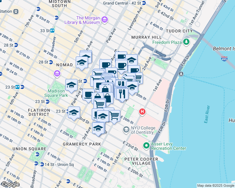 map of restaurants, bars, coffee shops, grocery stores, and more near 216 East 28th Street in New York