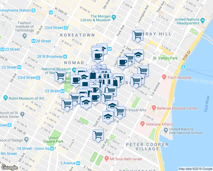map of restaurants, bars, coffee shops, grocery stores, and more near 68 Lexington Avenue in New York
