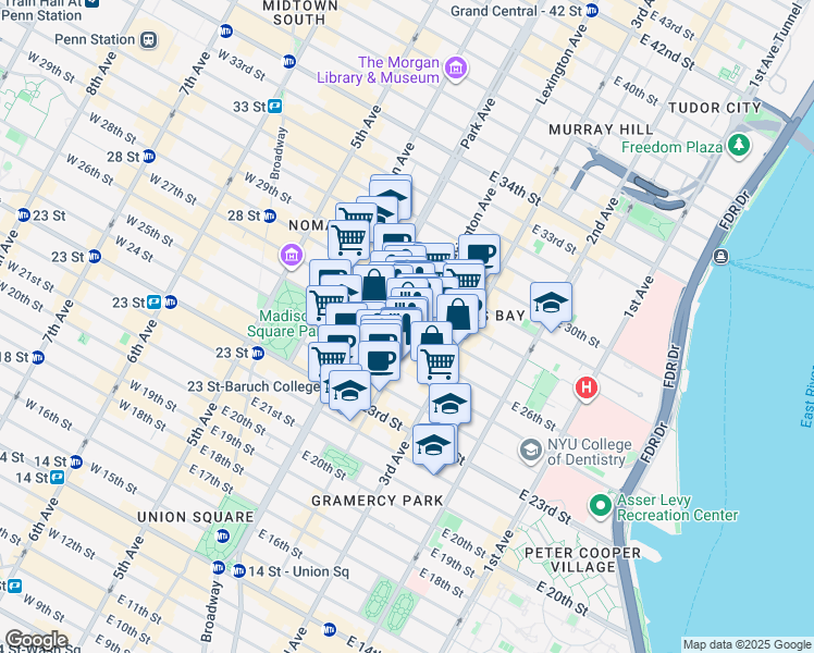 map of restaurants, bars, coffee shops, grocery stores, and more near 68 Lexington Avenue in New York