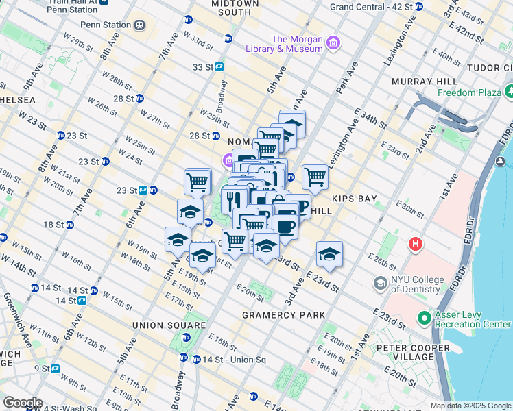 map of restaurants, bars, coffee shops, grocery stores, and more near 340 Park Avenue South in New York