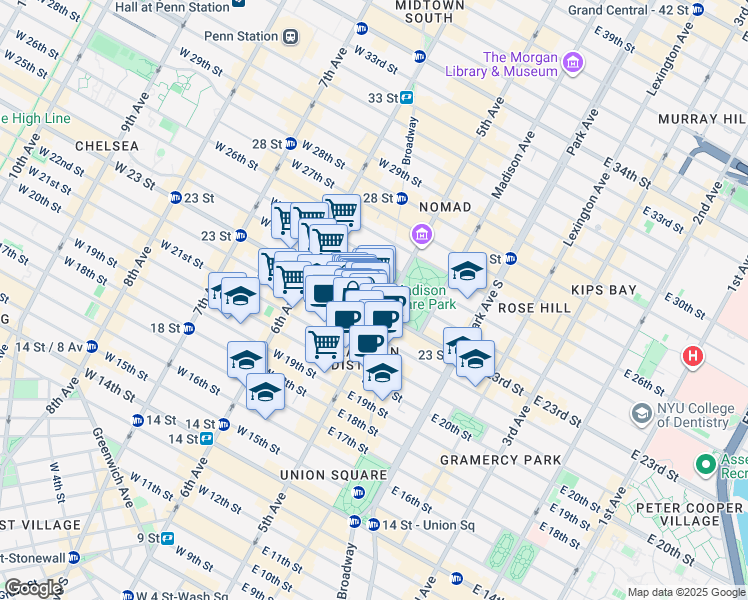 map of restaurants, bars, coffee shops, grocery stores, and more near 168 5th Avenue in New York