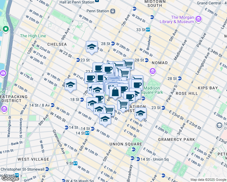 map of restaurants, bars, coffee shops, grocery stores, and more near 54 West 21st Street in New York