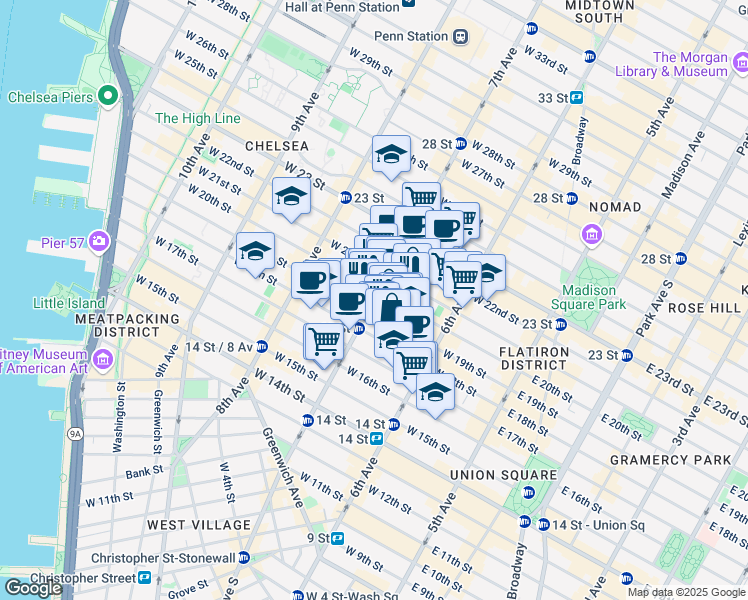 map of restaurants, bars, coffee shops, grocery stores, and more near in New York