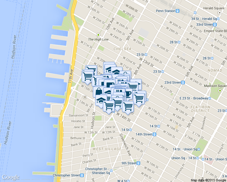 map of restaurants, bars, coffee shops, grocery stores, and more near in New York