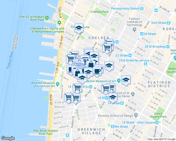 map of restaurants, bars, coffee shops, grocery stores, and more near 359 West 15th Street in New York