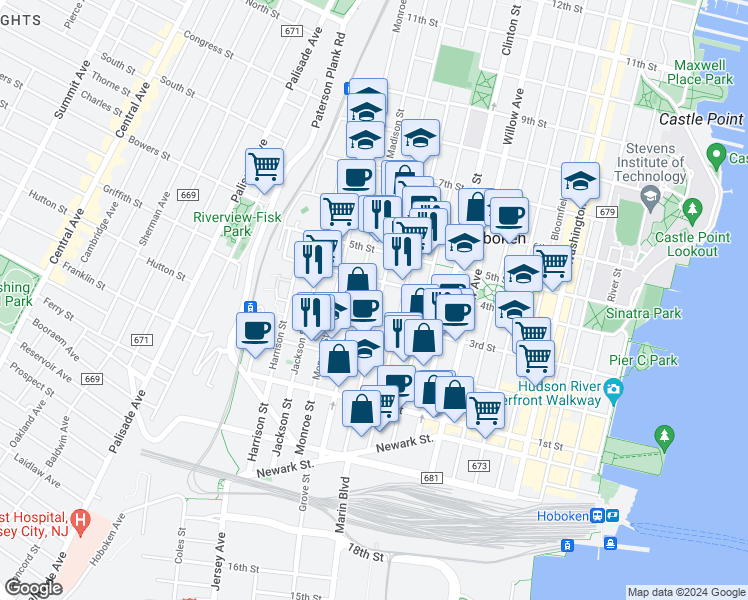 map of restaurants, bars, coffee shops, grocery stores, and more near 300 Adams Street in Hoboken