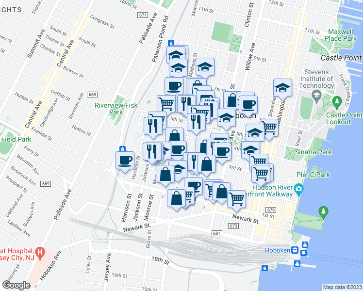 map of restaurants, bars, coffee shops, grocery stores, and more near 300 Adams Street in Hoboken