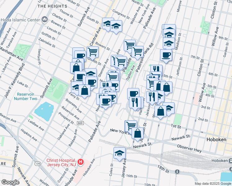 map of restaurants, bars, coffee shops, grocery stores, and more near 220 Ogden Avenue in Jersey City