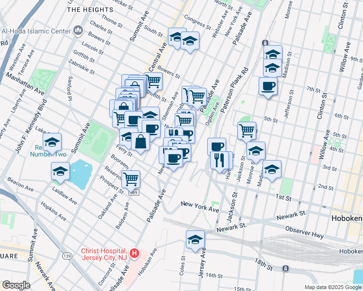 map of restaurants, bars, coffee shops, grocery stores, and more near 398 Palisade Avenue in Jersey City