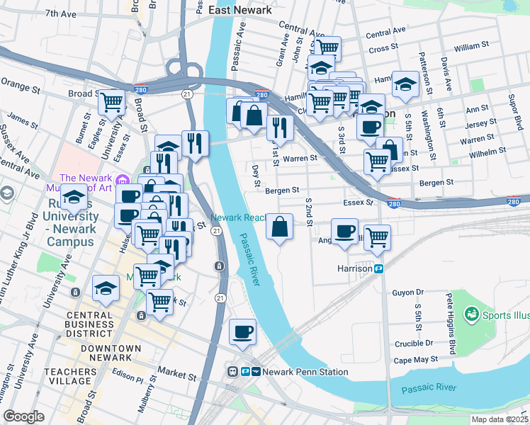 map of restaurants, bars, coffee shops, grocery stores, and more near 1-15 Railroad Avenue in Harrison