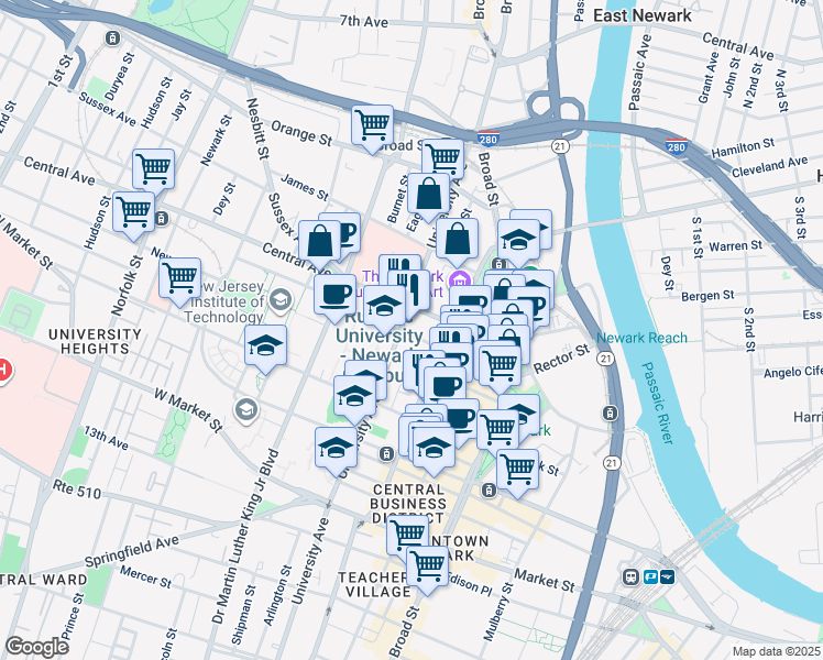 map of restaurants, bars, coffee shops, grocery stores, and more near 180 University Avenue in Newark