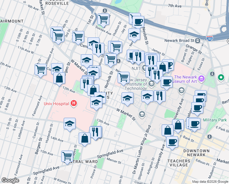 map of restaurants, bars, coffee shops, grocery stores, and more near 51 Marrow Street in Newark