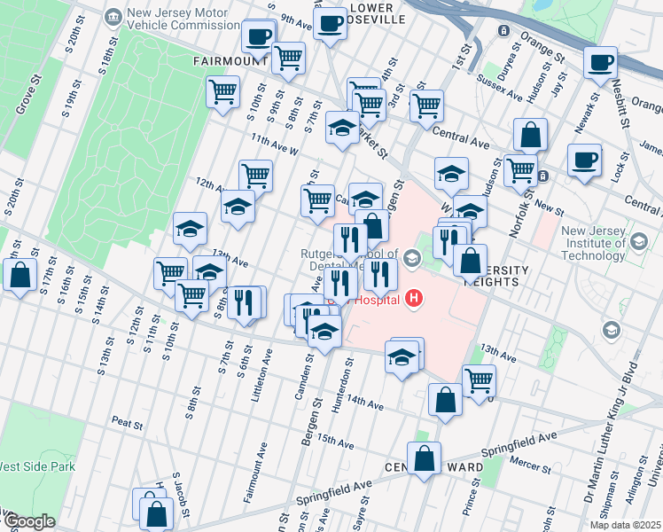 map of restaurants, bars, coffee shops, grocery stores, and more near 129 Camden Street in Newark