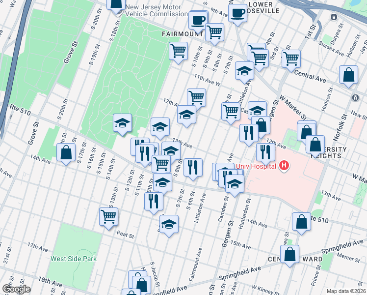 map of restaurants, bars, coffee shops, grocery stores, and more near 223 South 7th Street in Newark