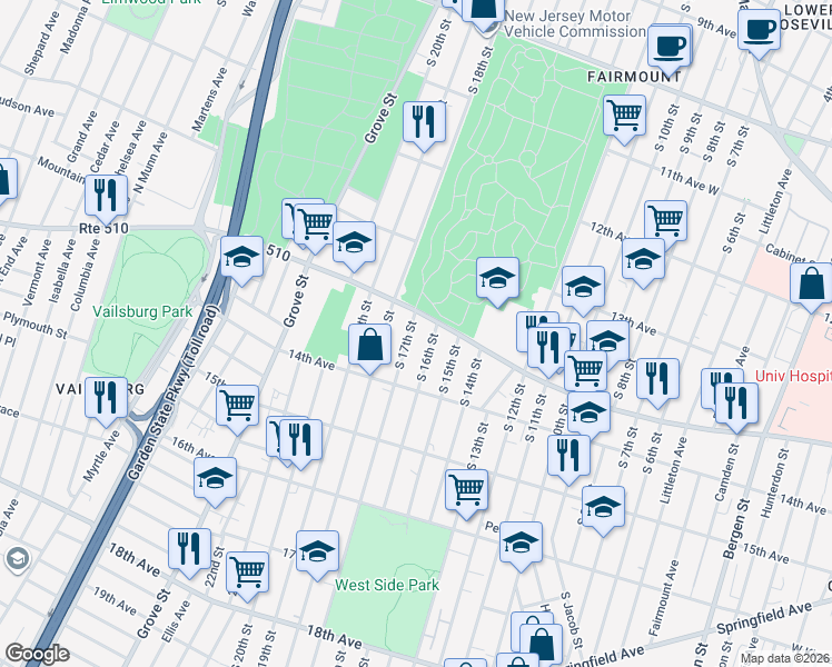 map of restaurants, bars, coffee shops, grocery stores, and more near 427 South 16th Street in Newark