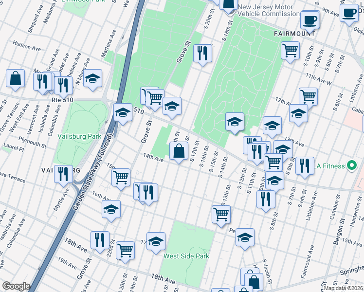 map of restaurants, bars, coffee shops, grocery stores, and more near 445 South 18th Street in Newark