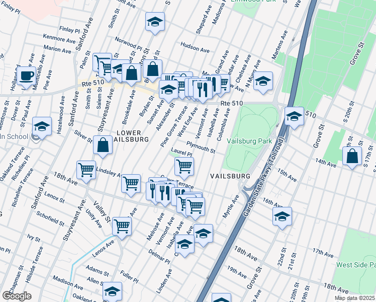 map of restaurants, bars, coffee shops, grocery stores, and more near 10 Carolina Avenue in Newark