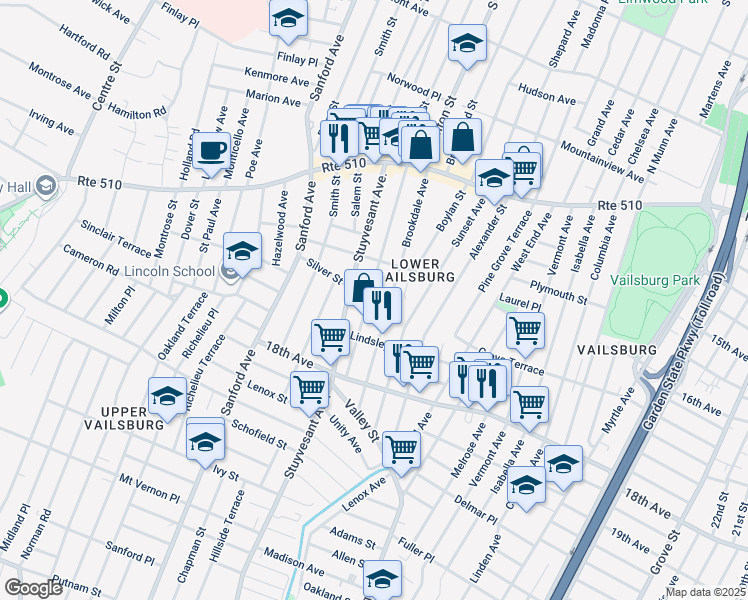 map of restaurants, bars, coffee shops, grocery stores, and more near 145 Brookdale Avenue in Newark