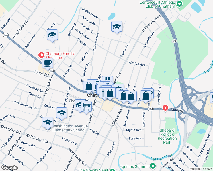 map of restaurants, bars, coffee shops, grocery stores, and more near 23 North Passaic Avenue in Chatham
