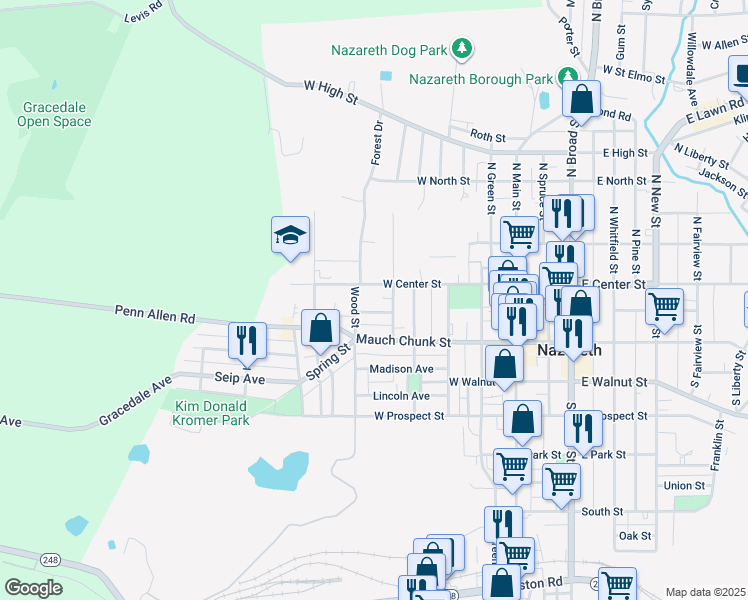 map of restaurants, bars, coffee shops, grocery stores, and more near 331 West Orchard Street in Nazareth
