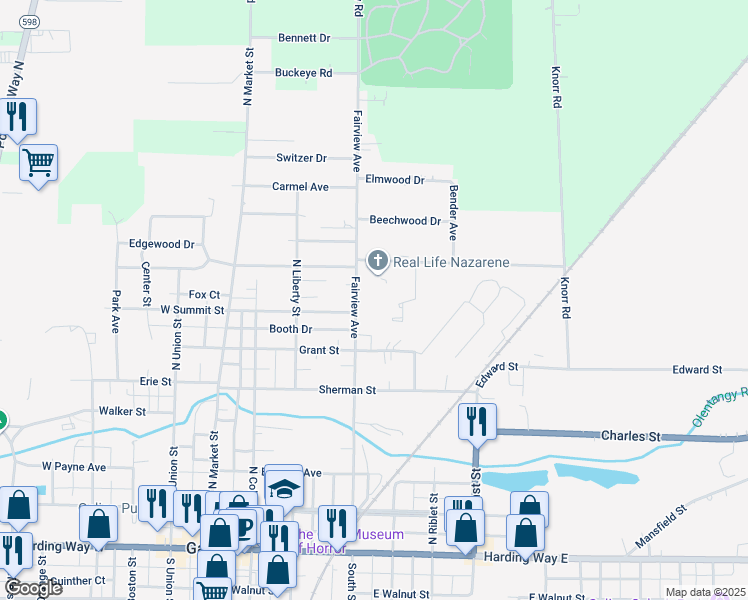 map of restaurants, bars, coffee shops, grocery stores, and more near 585 Galion Arms Court in Galion