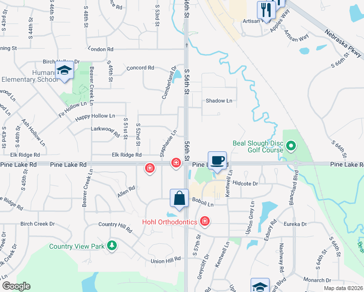 map of restaurants, bars, coffee shops, grocery stores, and more near 5500 Pine Lake Road in Lincoln