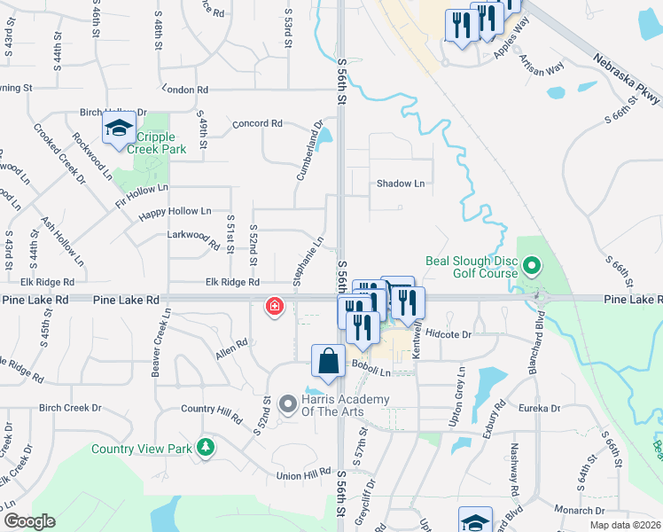 map of restaurants, bars, coffee shops, grocery stores, and more near 5500 Pine Lake Road in Lincoln