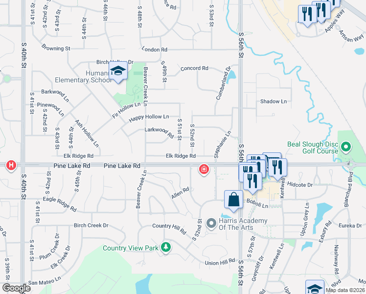 map of restaurants, bars, coffee shops, grocery stores, and more near 6940 South 51st Street in Lincoln