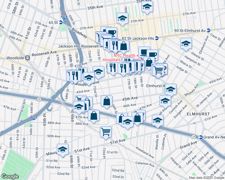 map of restaurants, bars, coffee shops, grocery stores, and more near 74-02 43rd Avenue in Queens
