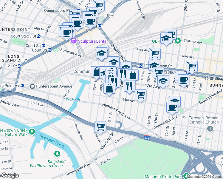 map of restaurants, bars, coffee shops, grocery stores, and more near 3100 47th Avenue in Queens