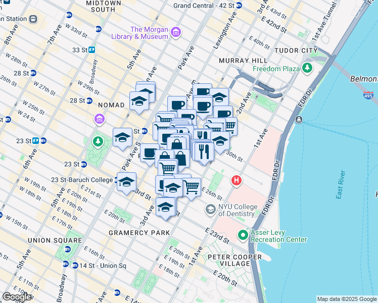 map of restaurants, bars, coffee shops, grocery stores, and more near 216 East 28th Street in New York