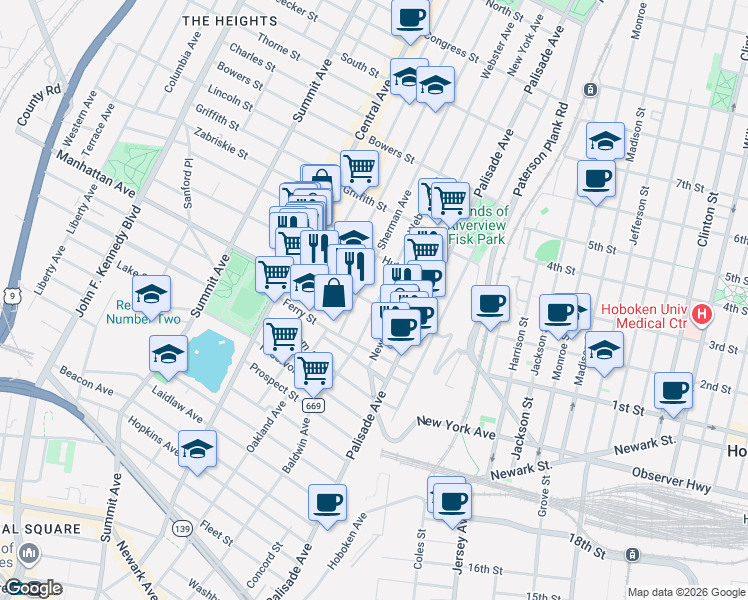map of restaurants, bars, coffee shops, grocery stores, and more near 63 Franklin Street in Jersey City